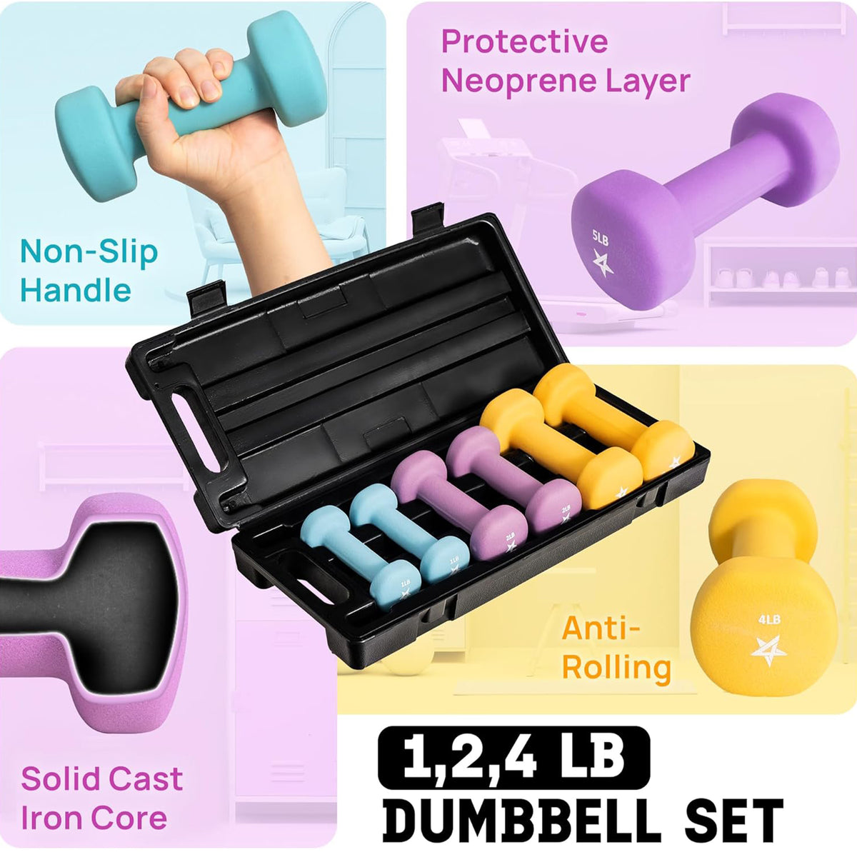 Yes4All Neoprene Coated Hex Dumbbell Set with Case, 1lb, 2lb, and 4lb Pairs