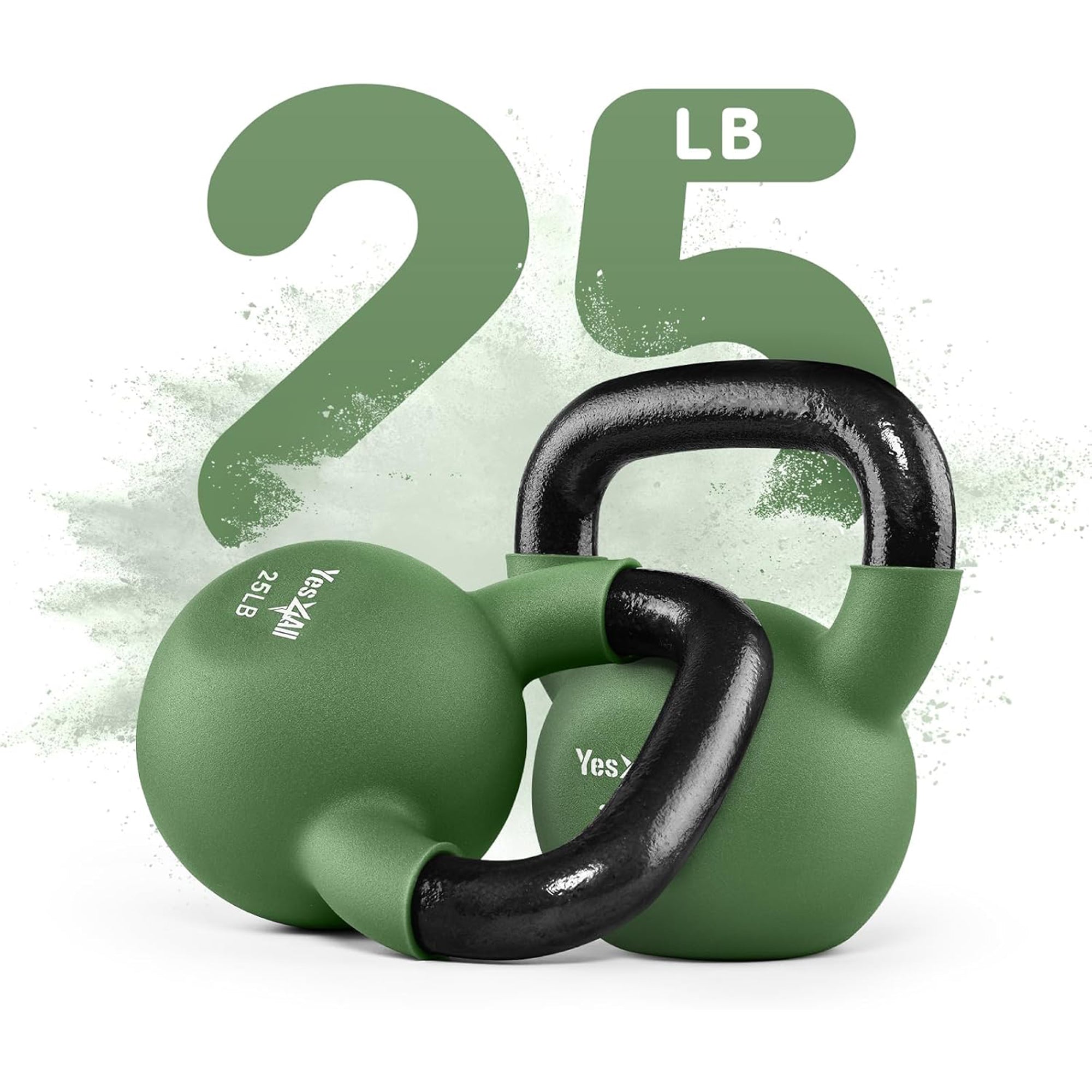 Yes4All 25 Pound Kettlebells, 1 Pair Neoprene Coated Cast Iron Weights, Green