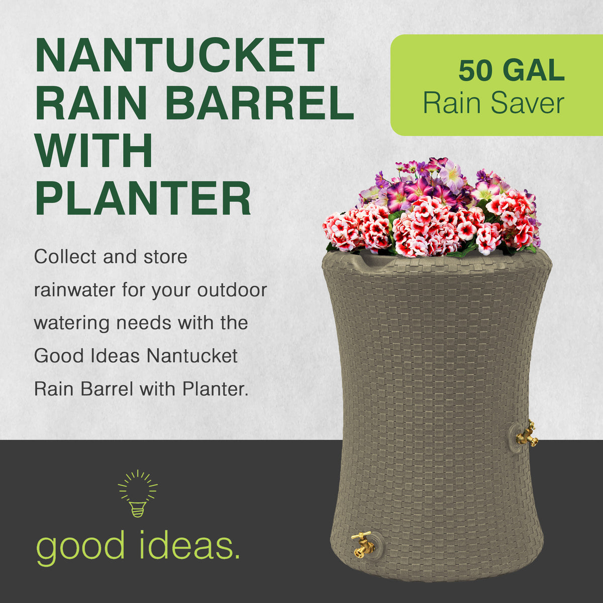 Good Ideas 50 Gallon Nantucket Rain Barrel Planter, Coyote Granite (Open Box)
