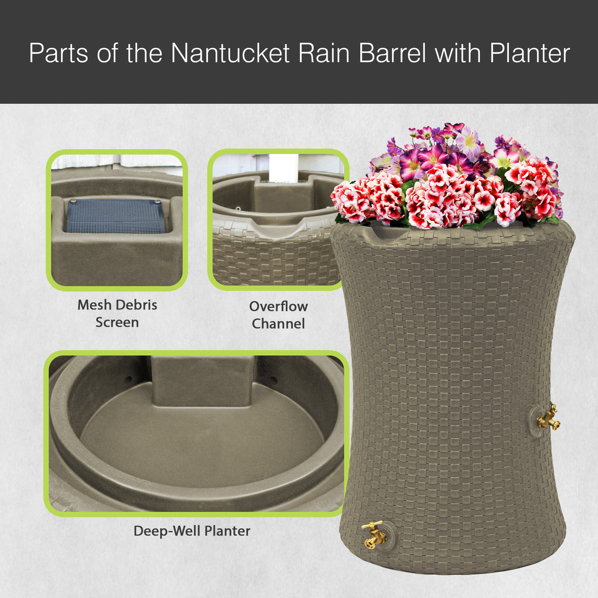 Good Ideas 50 Gallon Nantucket Rain Barrel Planter, Coyote Granite (Open Box)