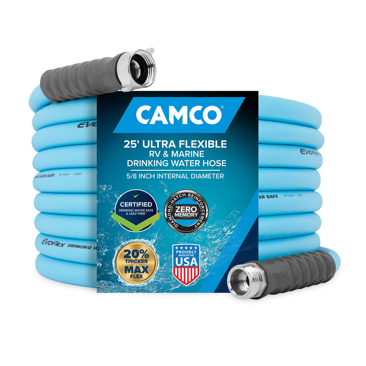 Camco EVOFlex 25 Ft RV Drinking Water Hose with Extra Flexible Design, Blue - VMInnovations