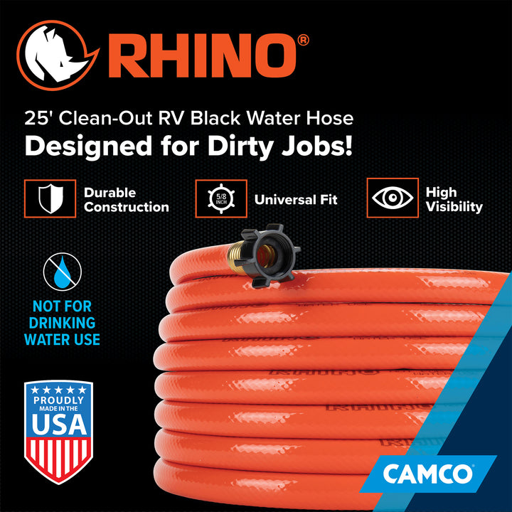Rhino Rhinoflex 25' Clean Out Water Hose for Flushing RV Black/Grey Water Tanks - VMInnovations