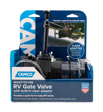 Camco 3" Gate Valve with 3.5" Clear Extension Cap for RV Waste Management, Black
