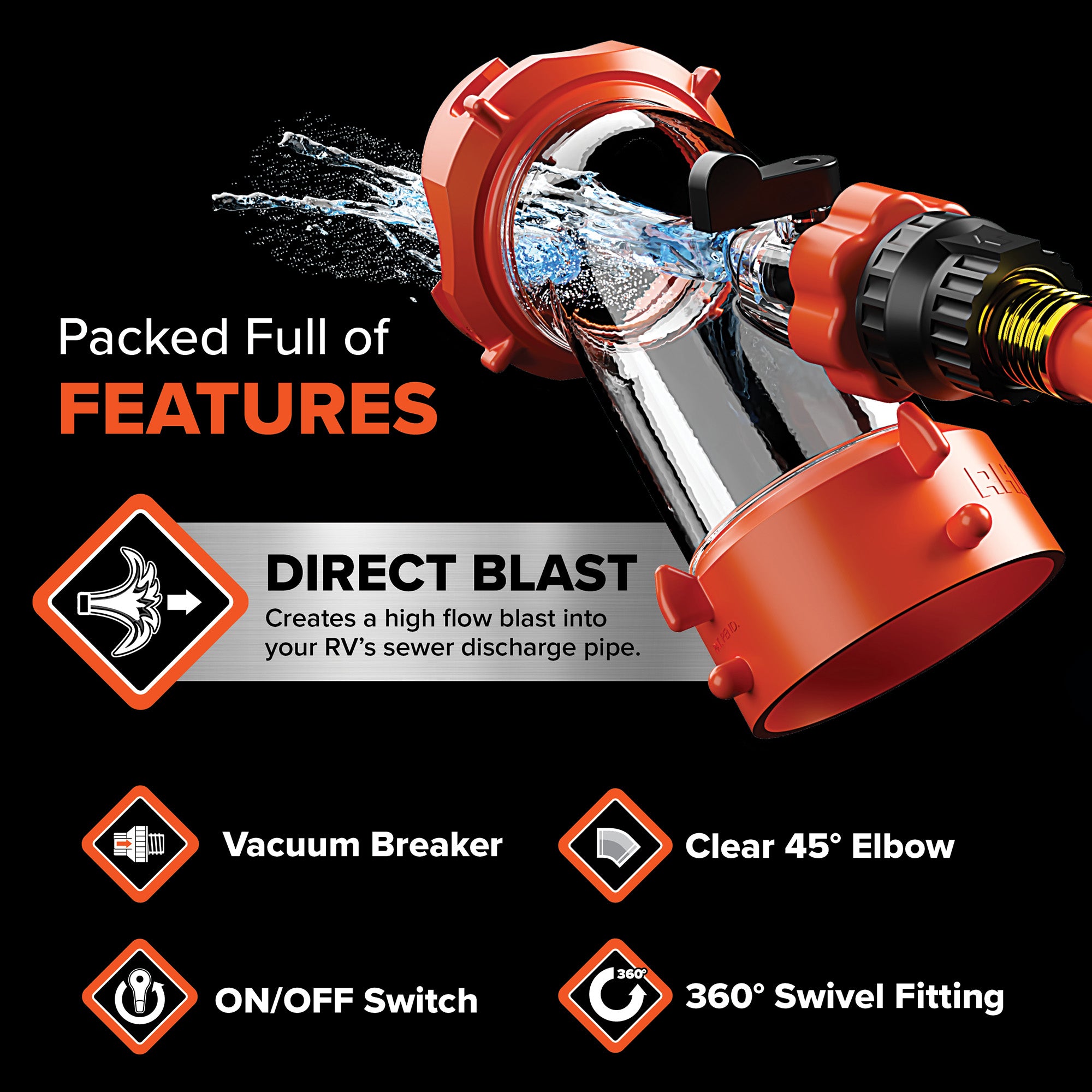 Camco Rhino Blaster RV Tank Rinser with Backflow Preventer, 45-Degree Elbow - VMInnovations