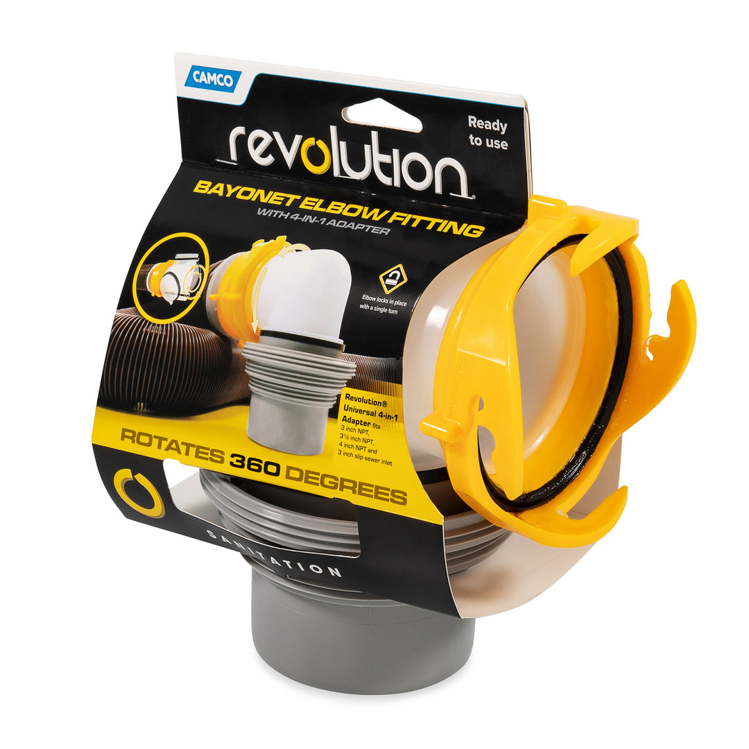 Camco Revolution RV Sewer Hose Elbow with 4-in-1 Adapter, 360-Degree Swivel - VMInnovations