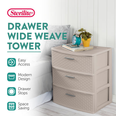 Sterilite 3 Drawer Wide Storage Tower, Weave Home Organizer, Grey Pumice, 2 Pack
