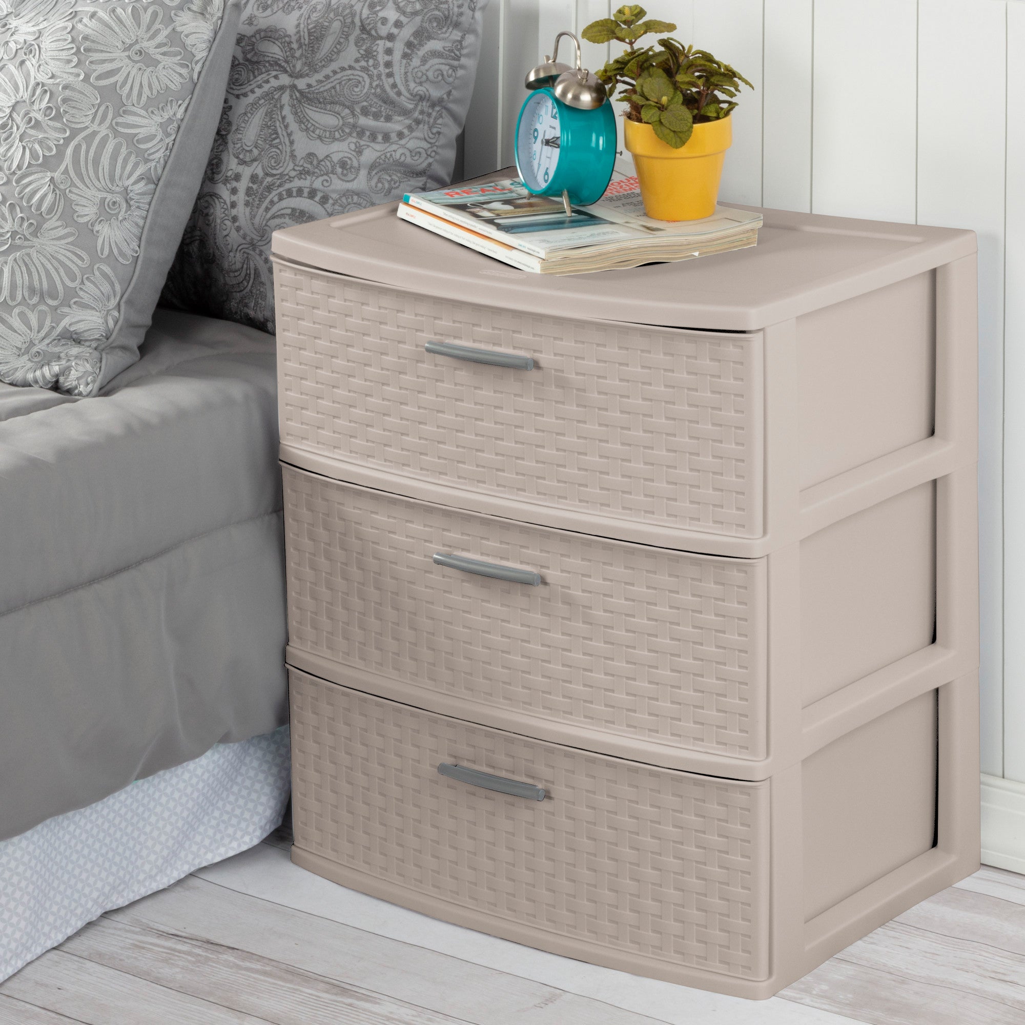Sterilite 3 Drawer Wide Storage Tower, Weave Home Organizer, Grey Pumice, 2 Pack