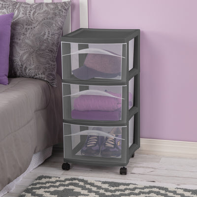 Sterilite 3 Drawer Storage Cart, Plastic Rolling Organization, Flat Gray, 4 Pack