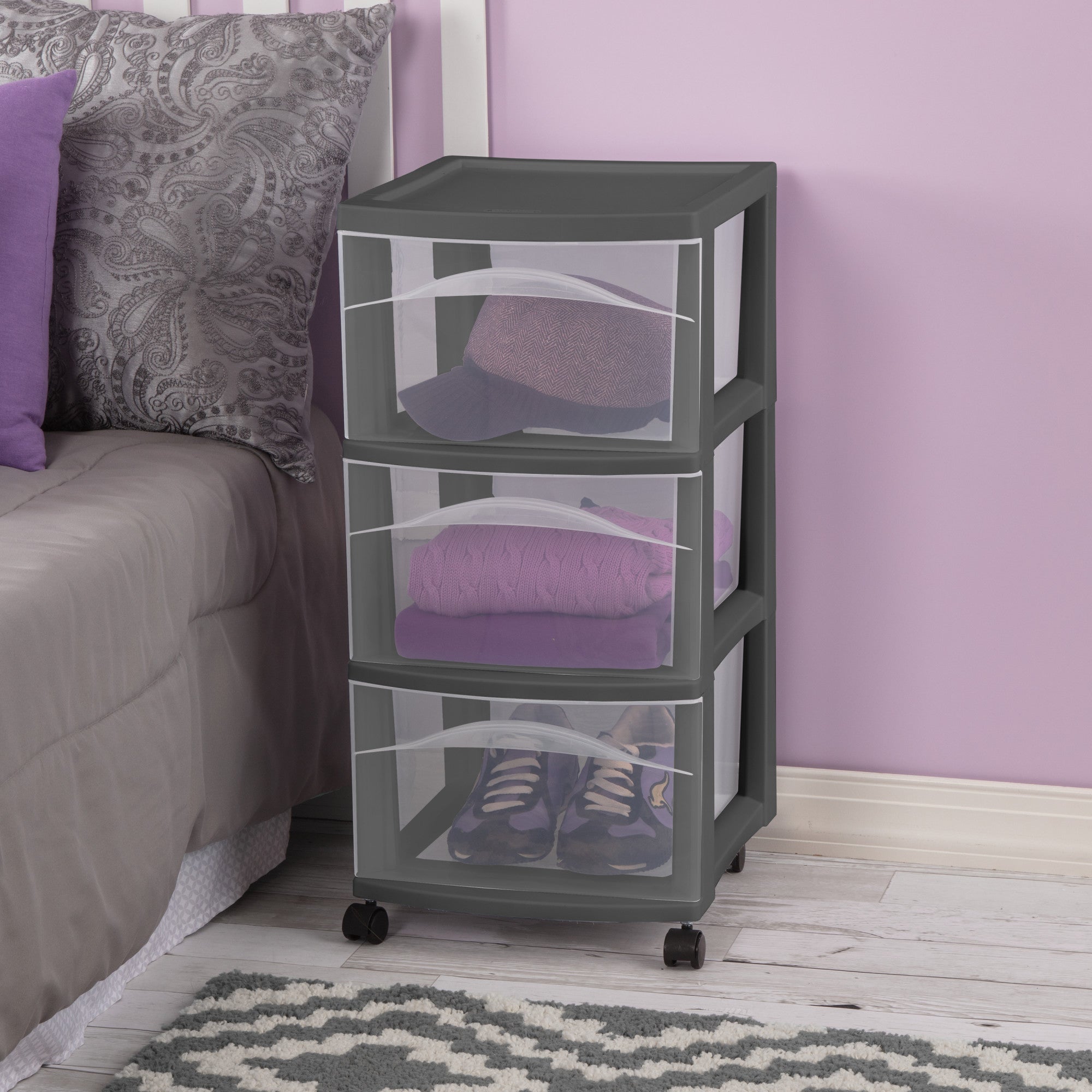 Sterilite 3 Drawer Storage Cart, Plastic Rolling Organization, Flat Gray, 6 Pack