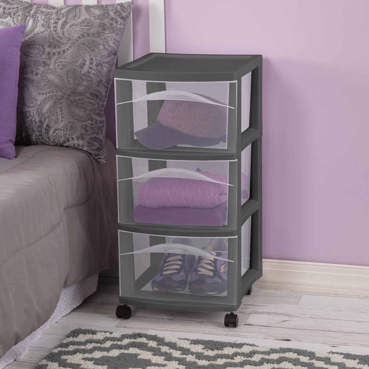 Sterilite 3 Drawer Storage Cart, Plastic Rolling Organization, Flat Gray, 8 Pack