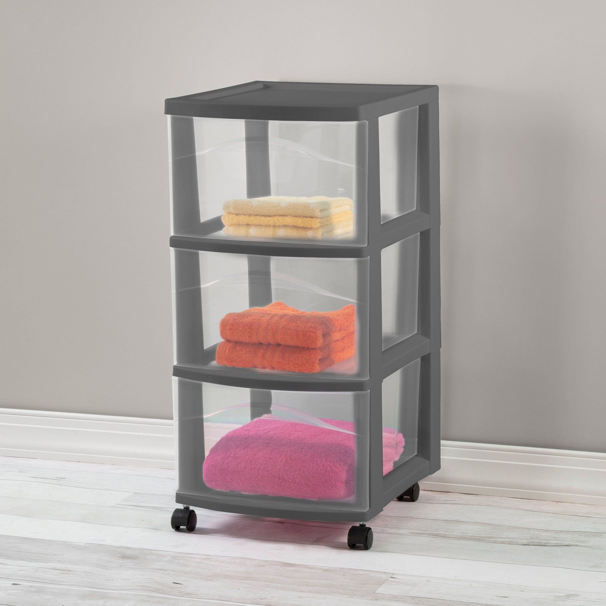 Sterilite 3 Drawer Storage Cart, Plastic Rolling Organization, Flat Gray, 6 Pack
