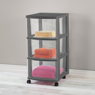 Sterilite 3 Drawer Storage Cart, Plastic Rolling Organization, Flat Gray, 6 Pack