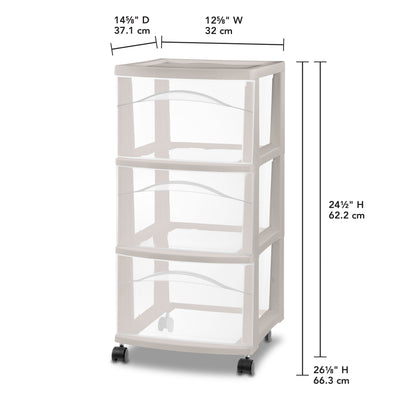 Sterilite 3 Drawer Storage Cart, Plastic Rolling Organization, Grey Pumice, 6 Pk