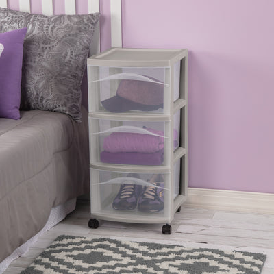 Sterilite 3 Drawer Storage Cart, Plastic Rolling Organization, Grey Pumice, 6 Pk