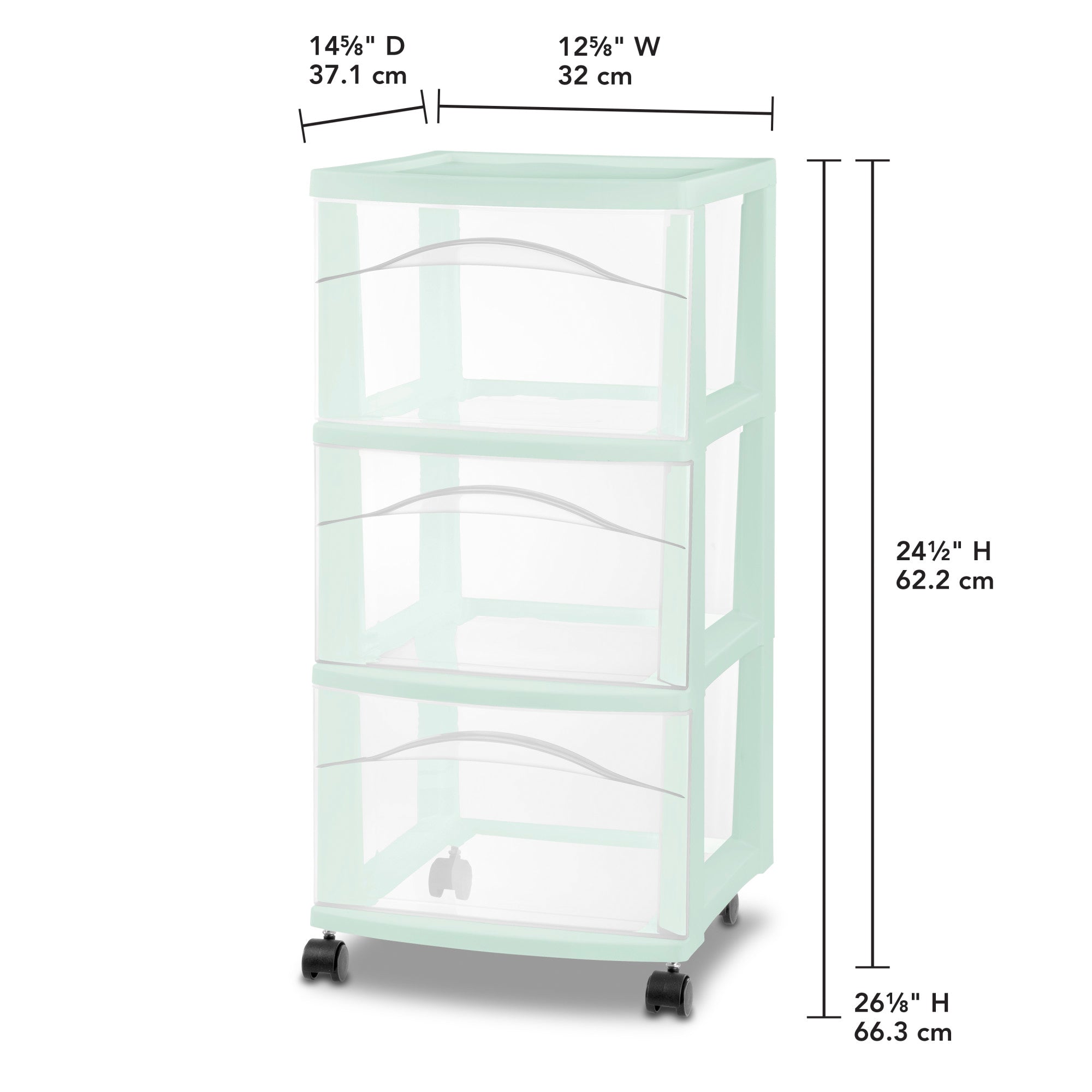 Sterilite 3 Drawer Storage Cart, Plastic Rolling Organization Cart, Mint, 6 Pack