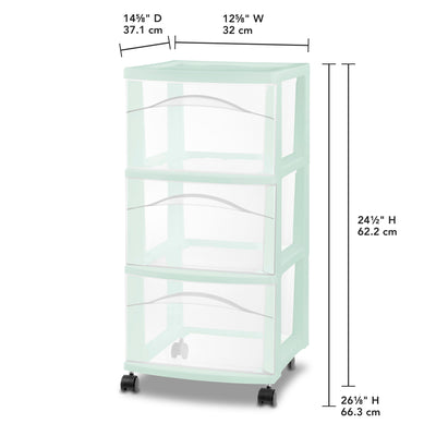 Sterilite 3 Drawer Storage Cart, Plastic Rolling Organization Cart, Mint, 8 Pack
