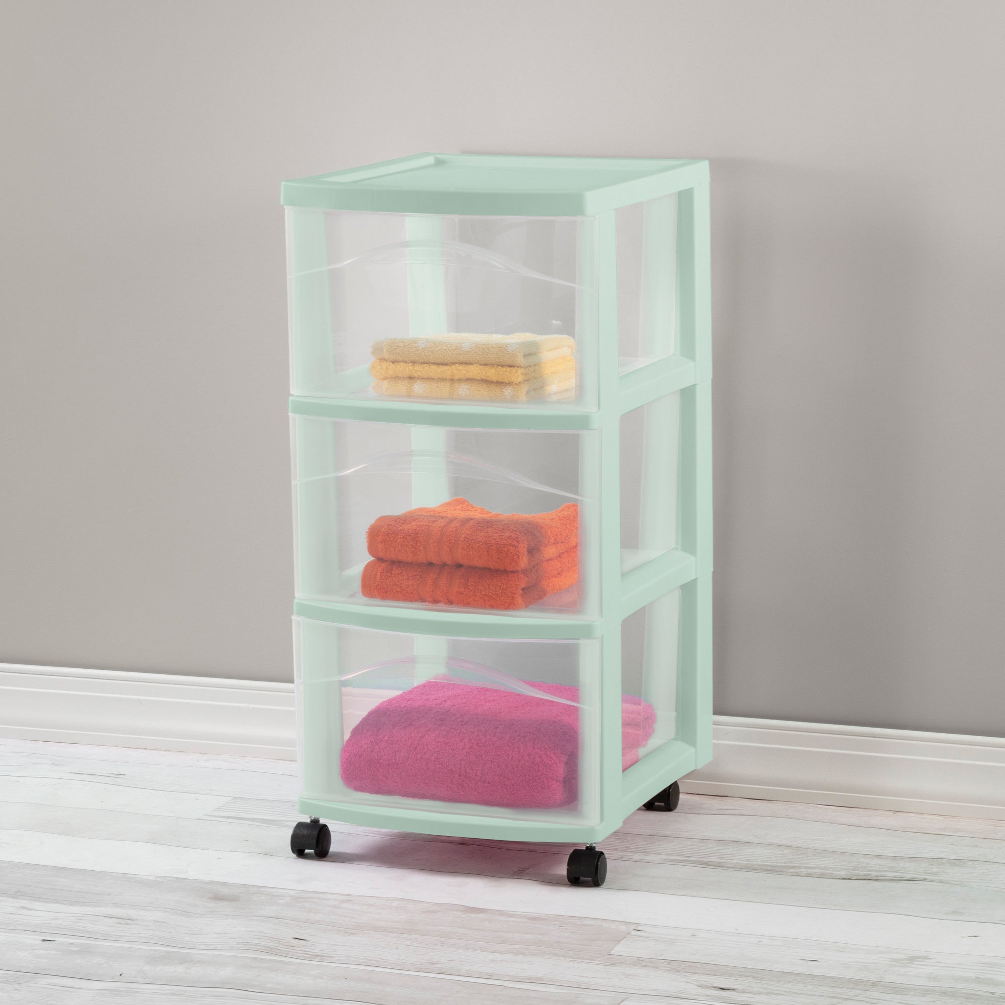 Sterilite 3 Drawer Storage Cart, Plastic Rolling Organization Cart, Mint, 8 Pack