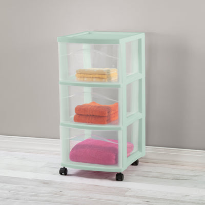 Sterilite 3 Drawer Storage Cart, Plastic Rolling Organization Cart, Mint, 6 Pack