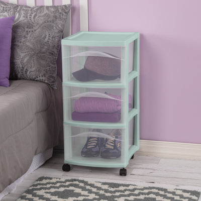 Sterilite 3 Drawer Storage Cart, Plastic Rolling Organization Cart, Mint, 6 Pack