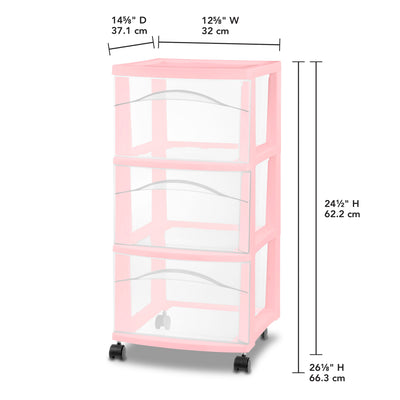 Sterilite 3 Drawer Storage Cart Plastic Rolling Organization, Pink Frost, 4 Pack