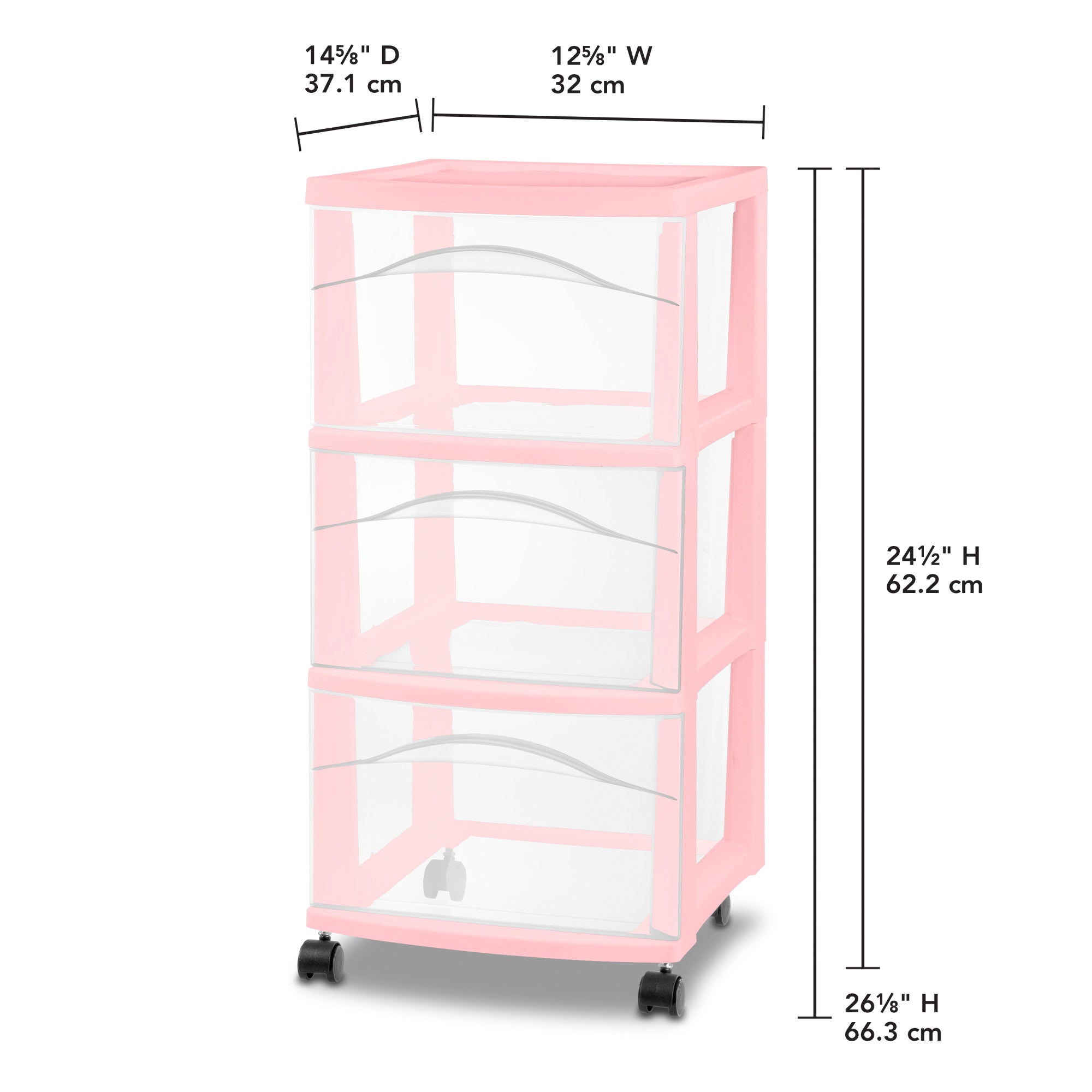 Sterilite 3 Drawer Storage Cart Plastic Rolling Organization, Pink Frost, 6 Pack