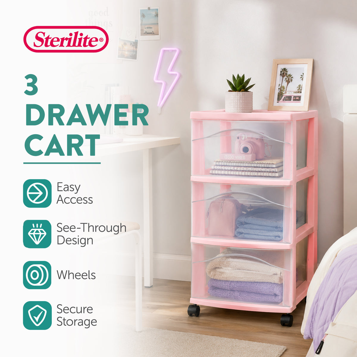 Sterilite 3 Drawer Storage Cart Plastic Rolling Organization, Pink Frost, 4 Pack