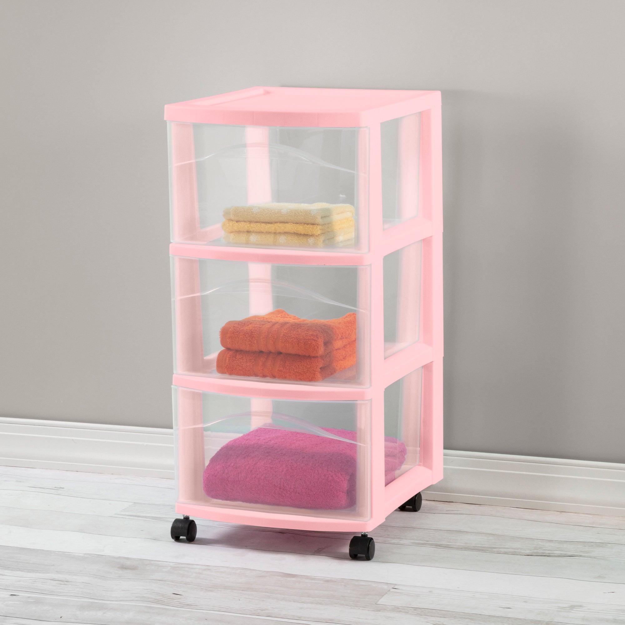 Sterilite 3 Drawer Storage Cart Plastic Rolling Organization, Pink Frost, 4 Pack