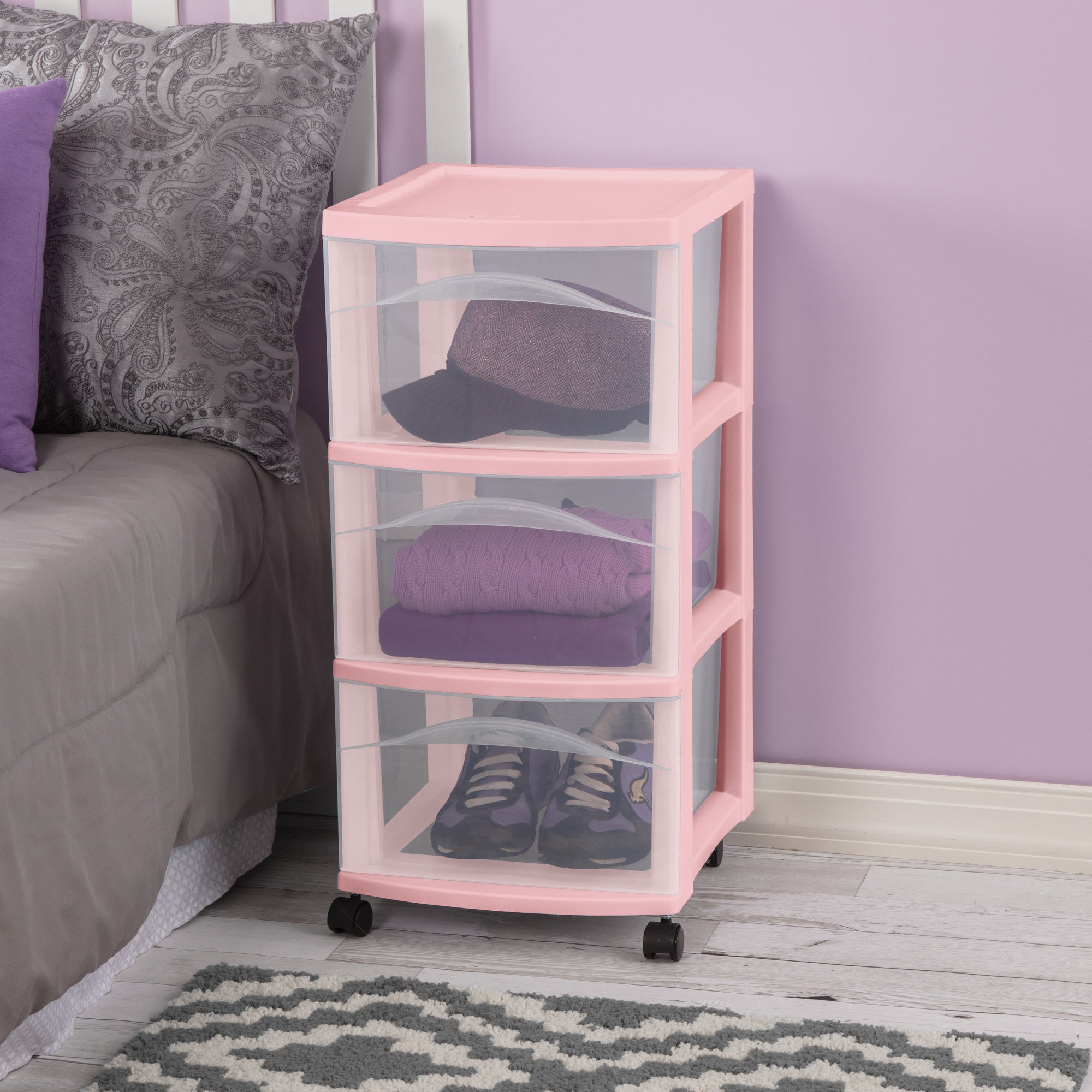 Sterilite 3 Drawer Storage Cart Plastic Rolling Organization, Pink Frost, 2 Pack