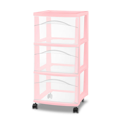 Sterilite 3 Drawer Storage Cart Plastic Rolling Organization, Pink Frost, 2 Pack