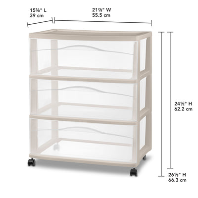 Sterilite Wide 3 Drawer Storage Cart, Plastic Rolling Organization, Grey, 2 Pack