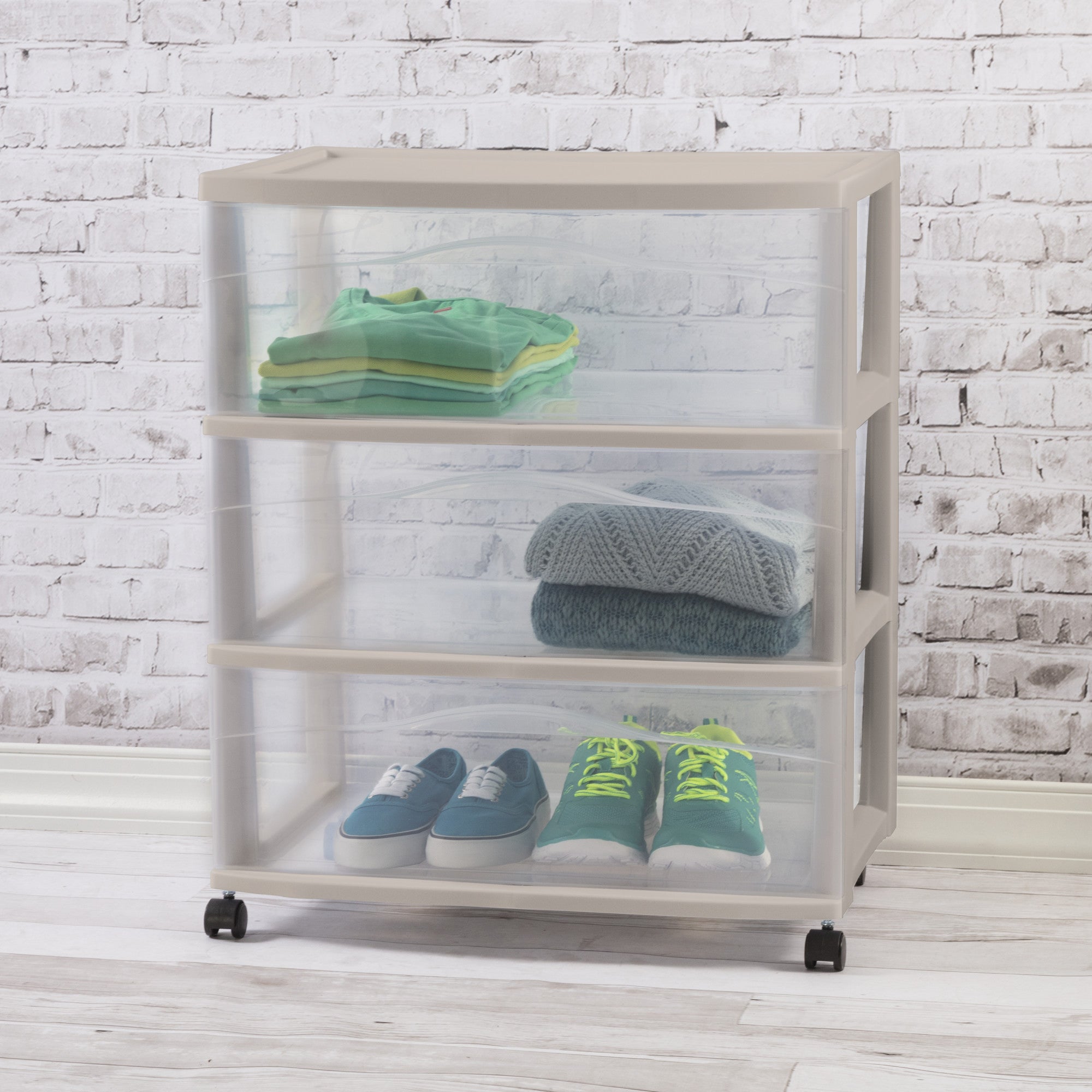 Sterilite Wide 3 Drawer Storage Cart, Plastic Rolling Organization, Grey, 4 Pack