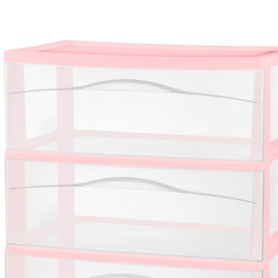 Sterilite Wide 3 Drawer Storage Cart, Plastic Rolling Organization, Pink, 2 Pack