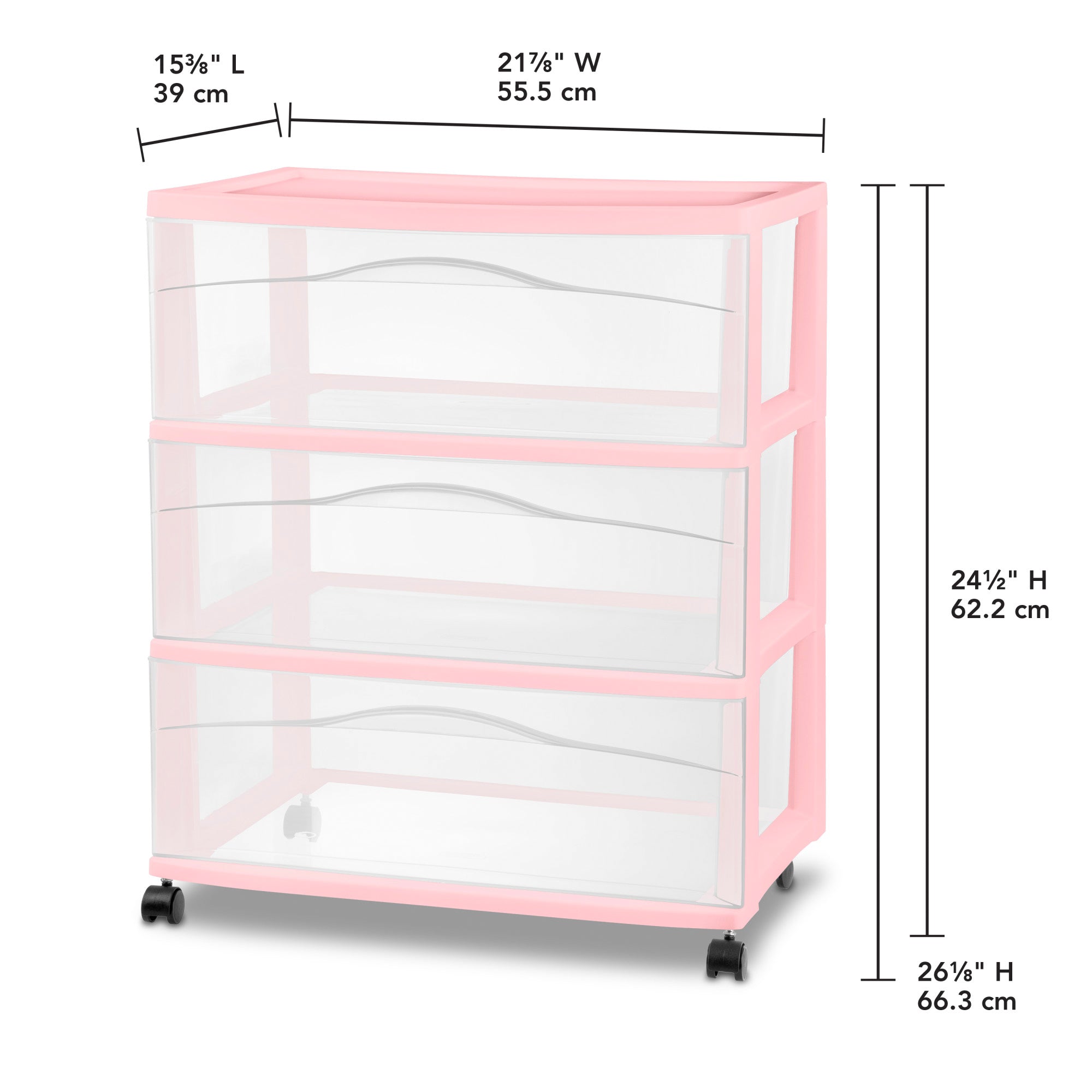 Sterilite Wide 3 Drawer Storage Cart, Plastic Rolling Organization, Pink, 2 Pack