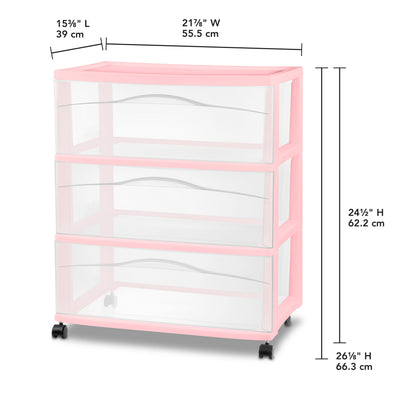 Sterilite Wide 3 Drawer Storage Cart, Plastic Rolling Organization, Pink, 3 Pack