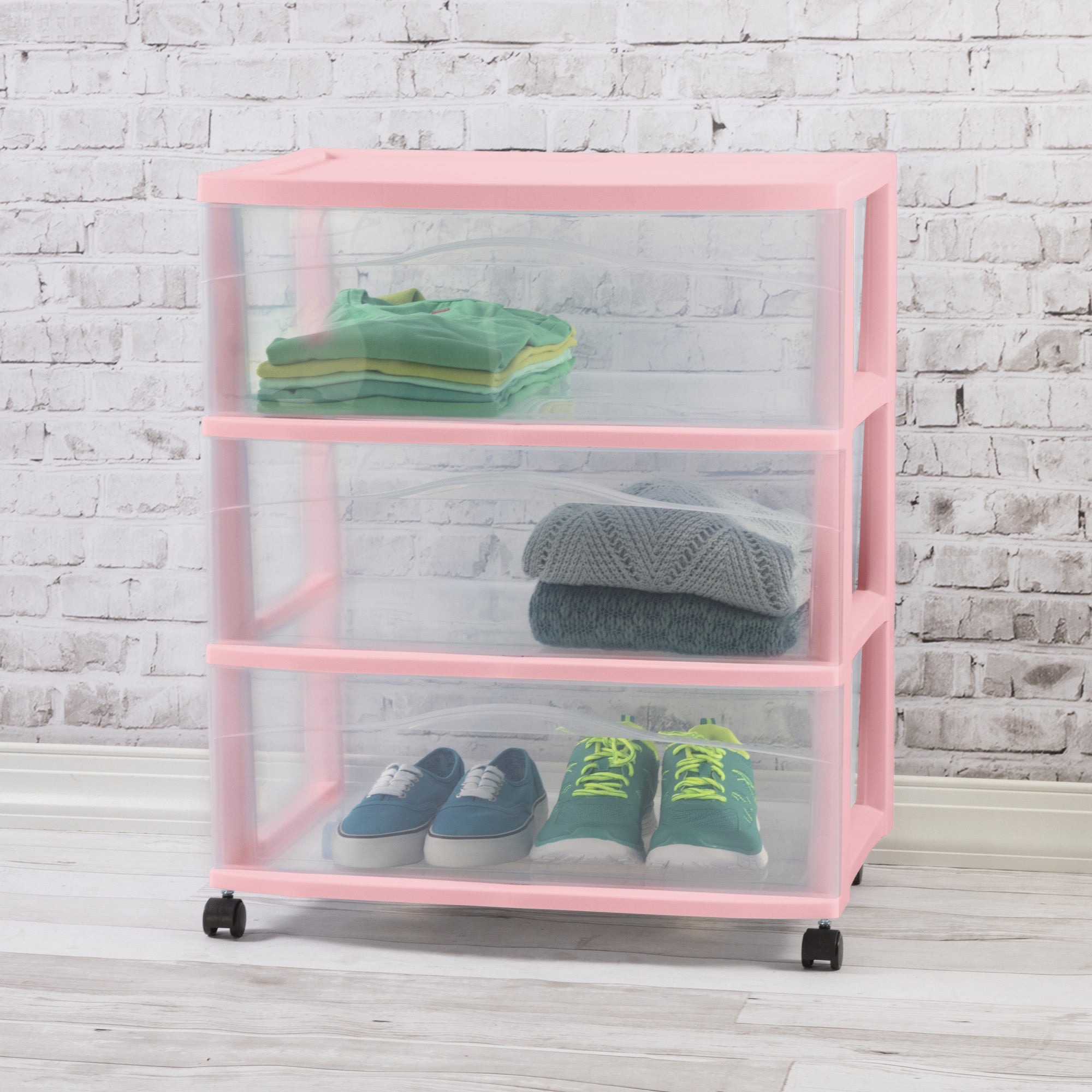 Sterilite Wide 3 Drawer Storage Cart, Plastic Rolling Organization, Pink, 3 Pack