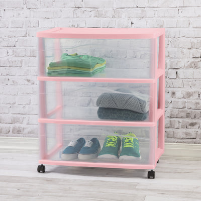 Sterilite Wide 3 Drawer Storage Cart, Plastic Rolling Organization, Pink, 3 Pack