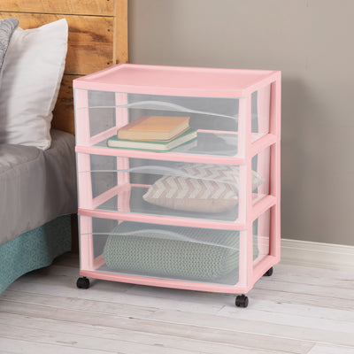 Sterilite Wide 3 Drawer Storage Cart, Plastic Rolling Organization, Pink, 3 Pack