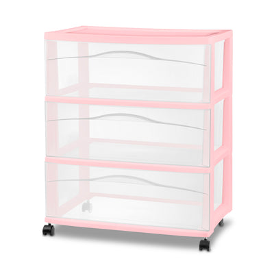 Sterilite Wide 3 Drawer Storage Cart, Plastic Rolling Organization, Pink, 4 Pack