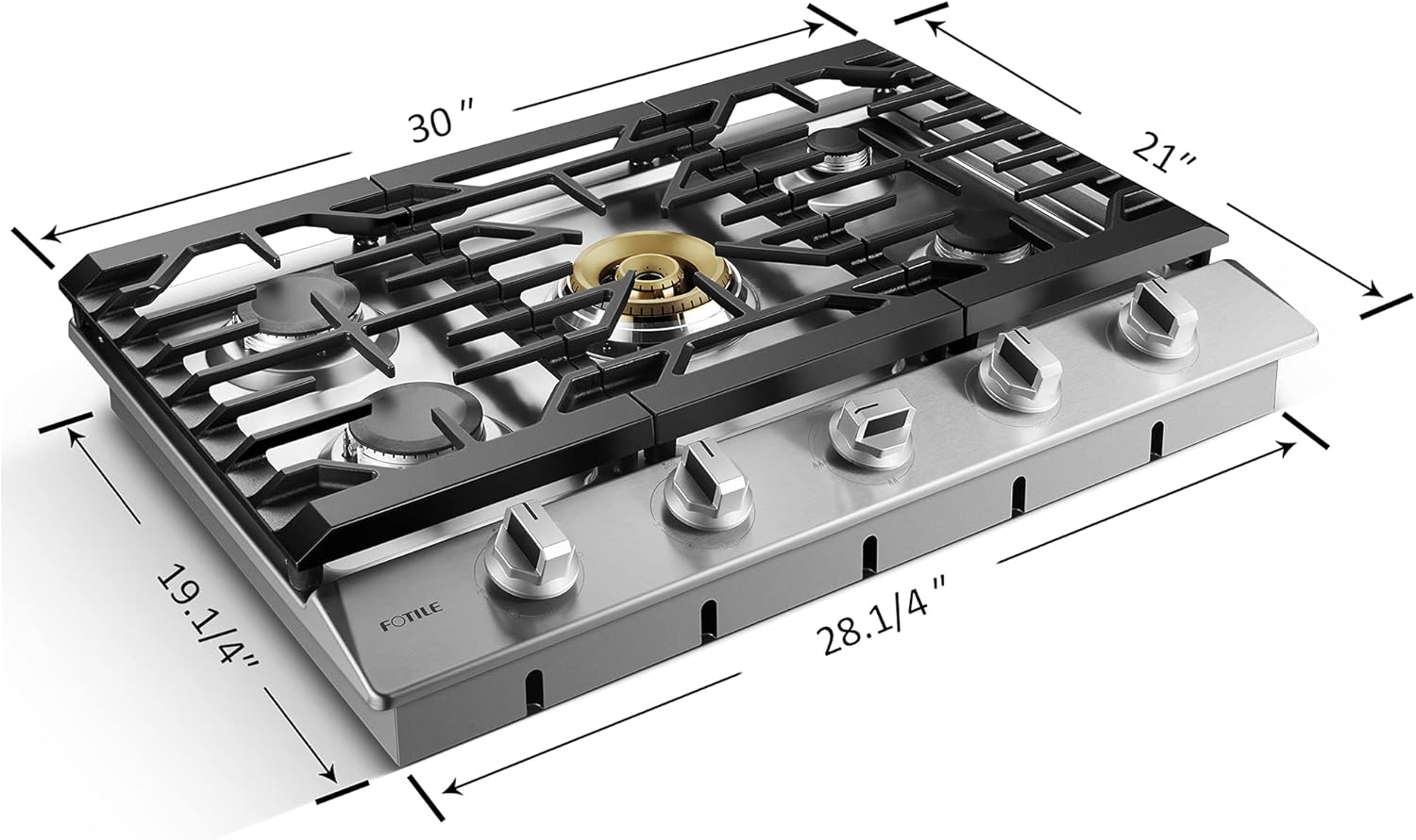 FOTILE Stainless Steel 5-Burner Gas Cooktop, 30" Stove with 21,000 BTU Tri-Ring - VMInnovations