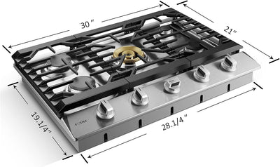 FOTILE Stainless Steel 5-Burner Gas Cooktop, 30" Stove with 21,000 BTU Tri-Ring - VMInnovations