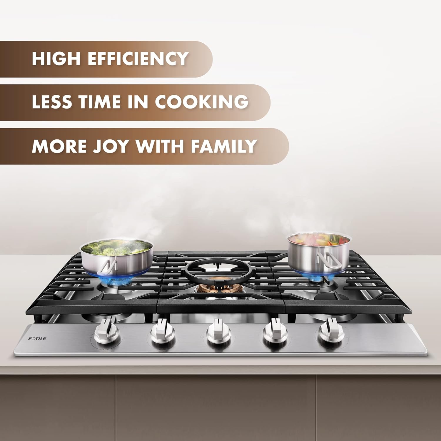 FOTILE Stainless Steel 5-Burner Gas Cooktop, 36" Stove with 22,000 BTU Tri-Ring - VMInnovations
