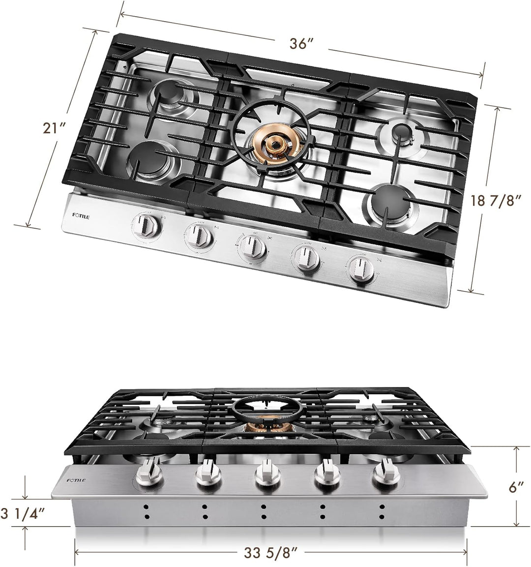 FOTILE Stainless Steel 5-Burner Gas Cooktop, 36" Stove with 22,000 BTU Tri-Ring - VMInnovations