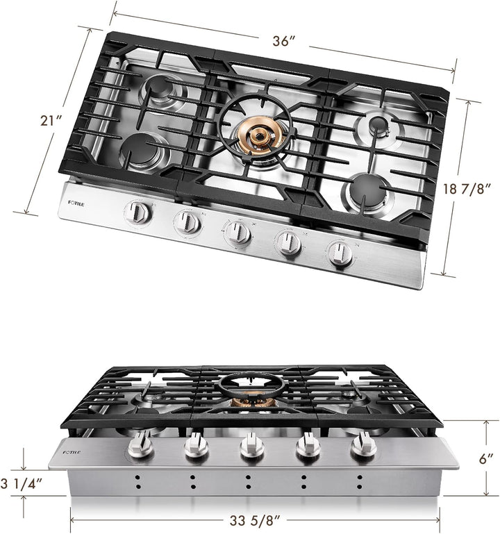 FOTILE Stainless Steel 5-Burner Gas Cooktop, 36" Stove with 22,000 BTU Tri-Ring - VMInnovations