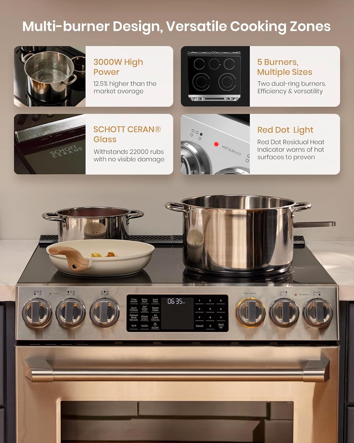 FOTILE Stainless Steel Oven, Standard 30" Electric Range 5 Burner Cooktop Stove - VMInnovations