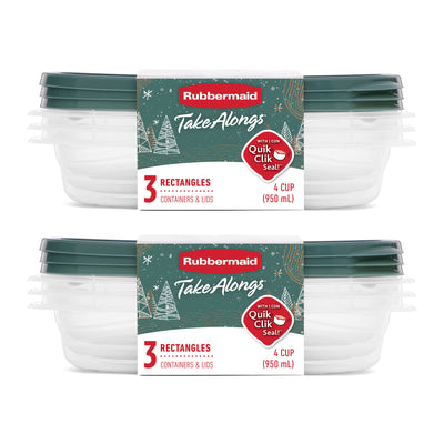 Rubbermaid 6 Pack TakeAlongs Clear Food Storage Container with Lid, 4 Cup, Green