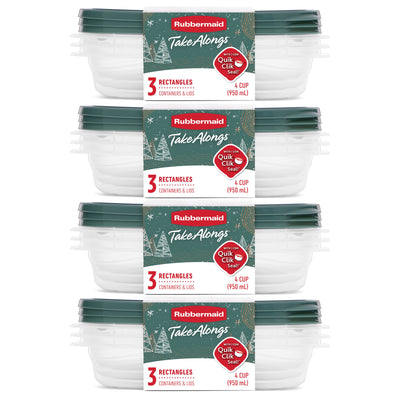 Rubbermaid 12 Pack TakeAlongs Clear Food Storage Container, Lid, 4 Cup, Green