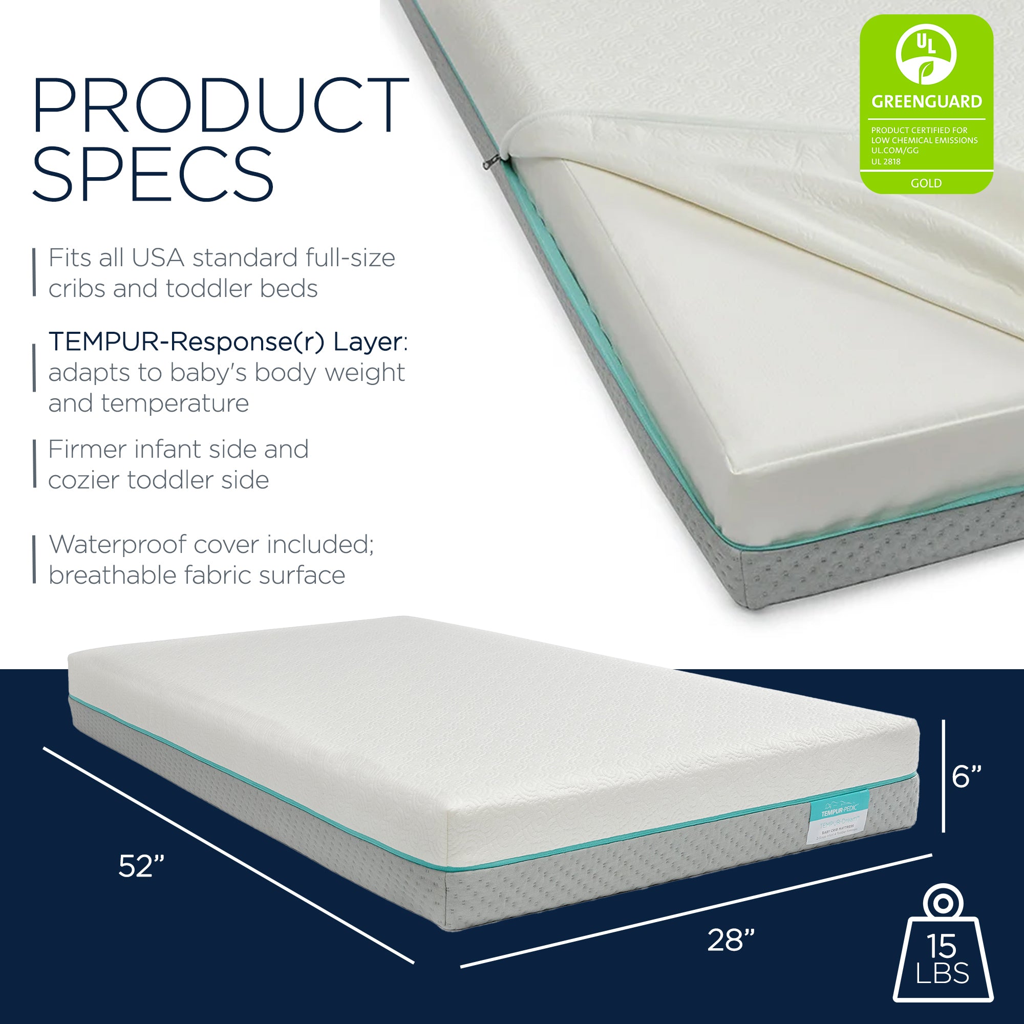 Tempur-Pedic Tempur-Dream 2-Stage Waterproof Baby Crib Mattress, (Open Box) - VMInnovations