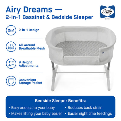 Sealy Baby Airy Dreams 2/1 Bedside Bassinet Sleeper W Breathable Mesh (Open Box)