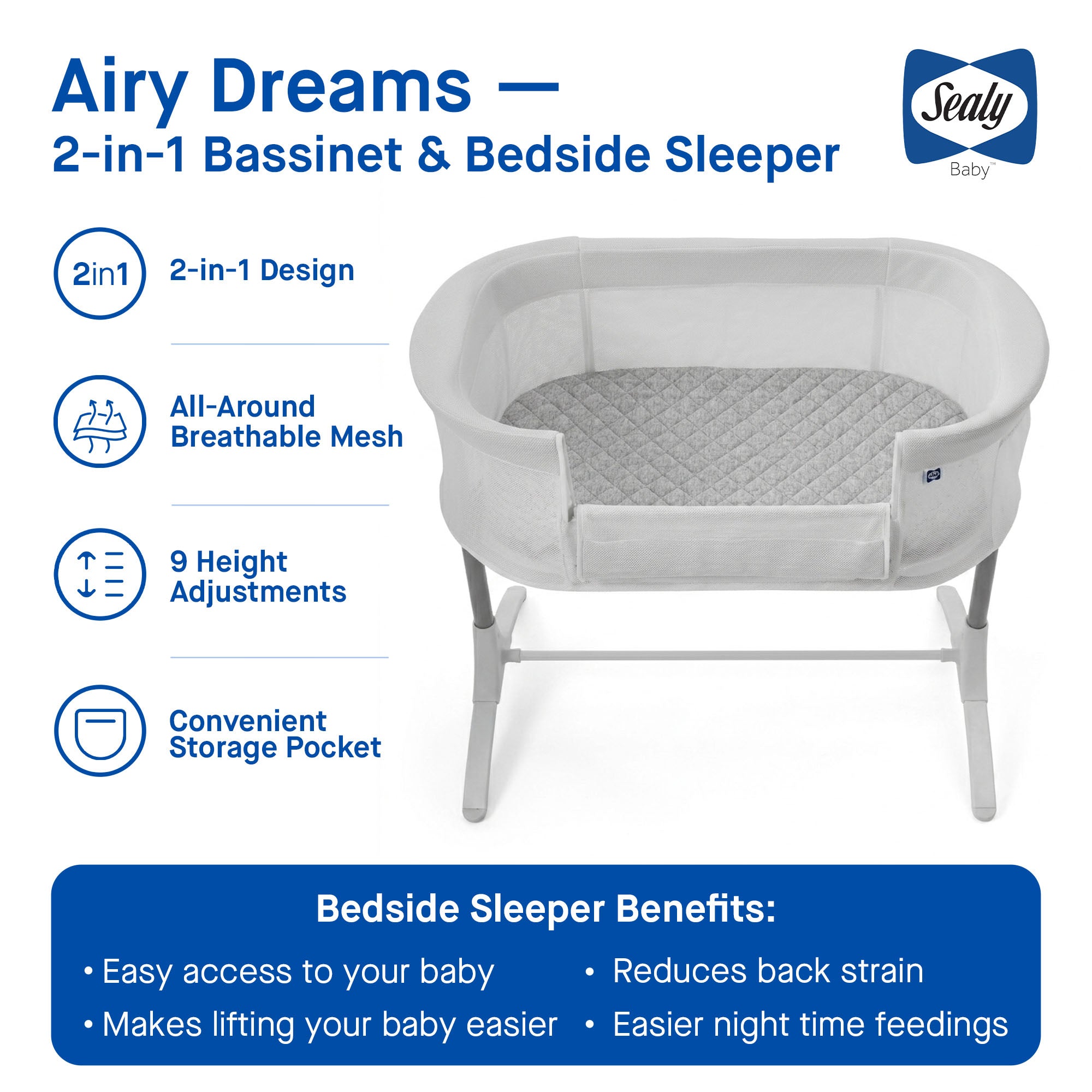 Sealy Baby Airy Dreams 2/1 Bedside Bassinet Sleeper W Breathable Mesh (Open Box)