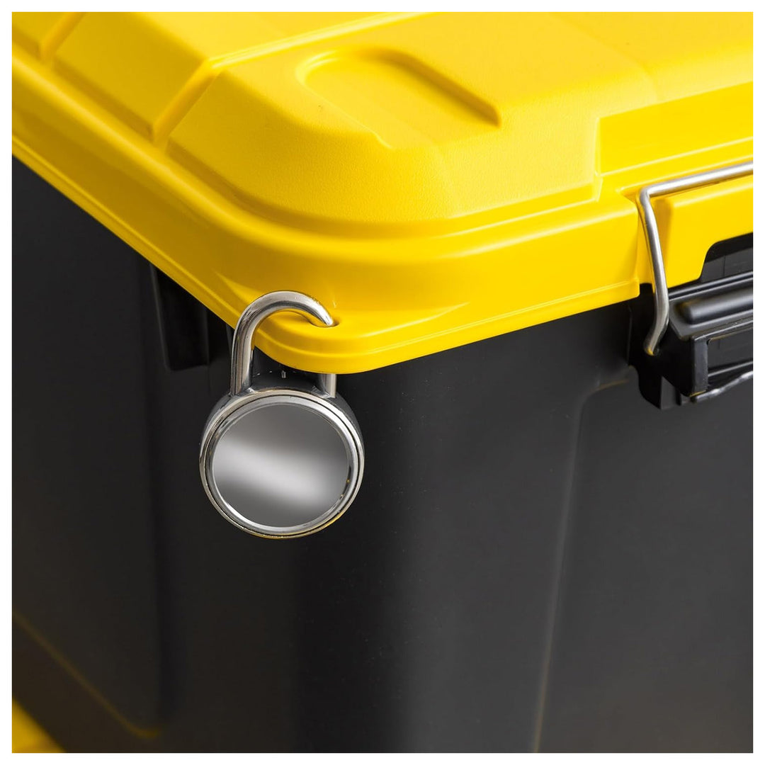 IRIS USA WeatherPro 21 Gal Plastic Storage Bins with Lids, Black/Yellow, 4 Pack - VMInnovations